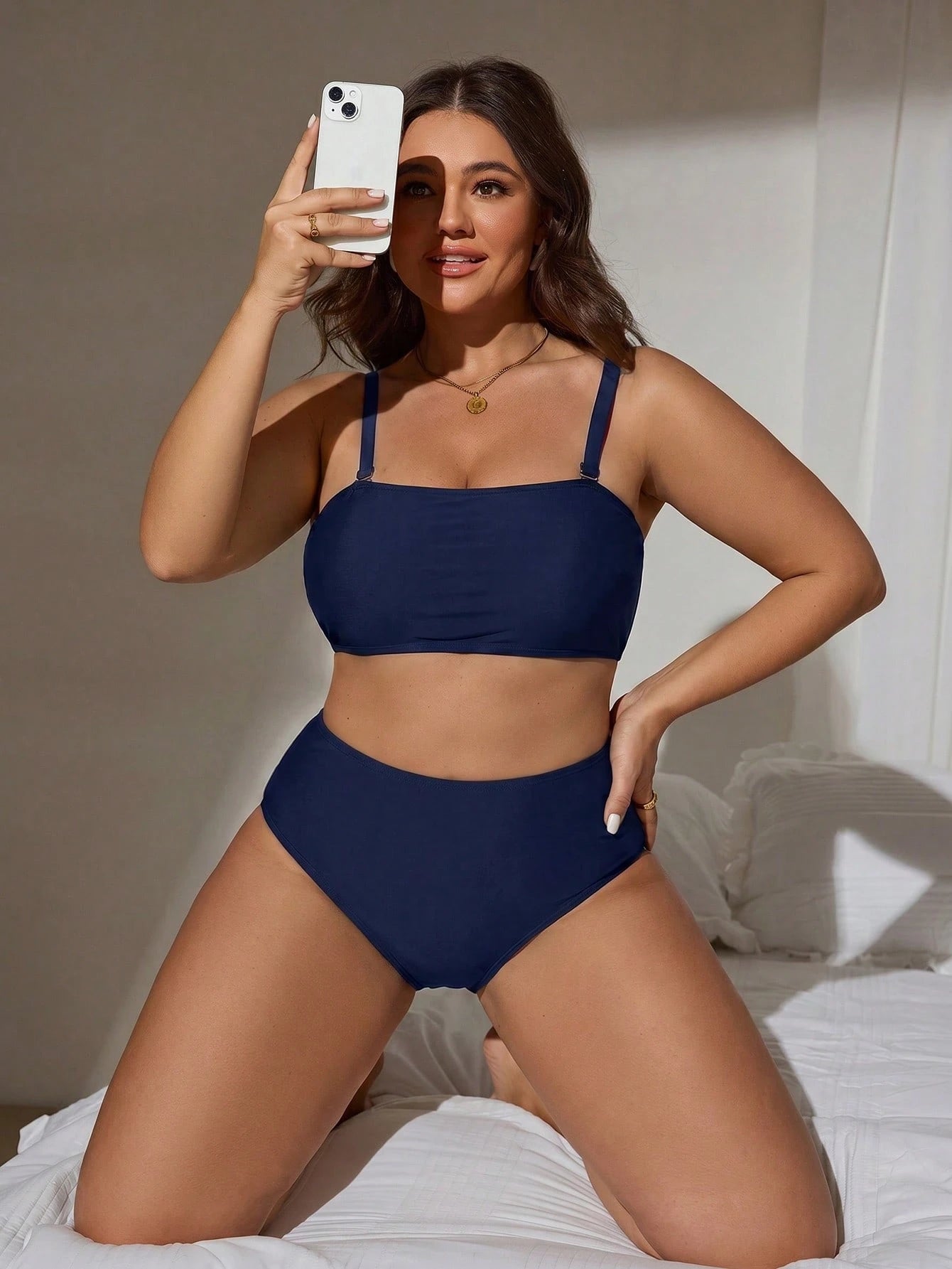 Swim 2026 New Summer Vacation Basic Minimalist Bandeau Plus Size Women's Swimsuit Set