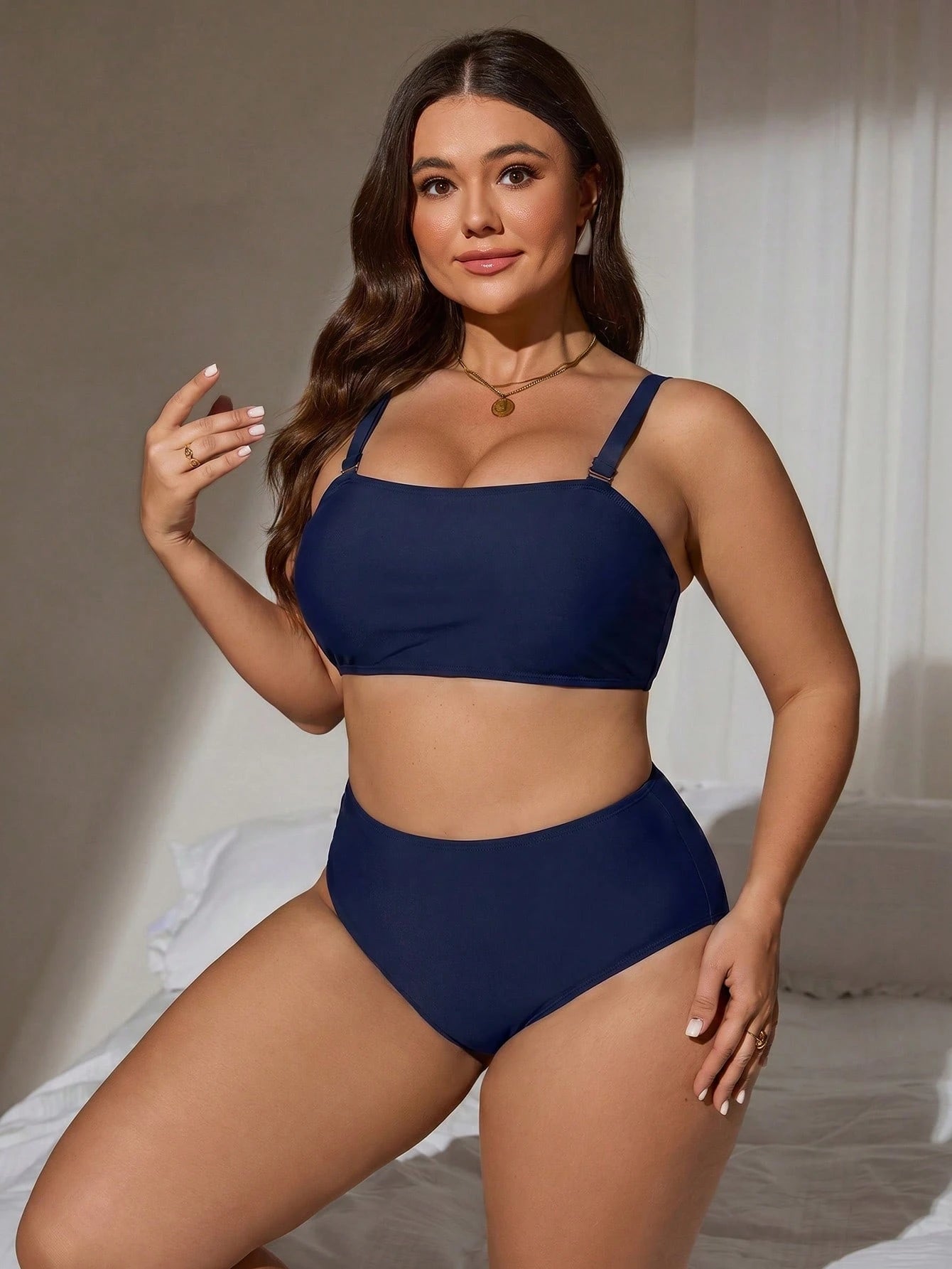 Swim 2026 New Summer Vacation Basic Minimalist Bandeau Plus Size Women's Swimsuit Set