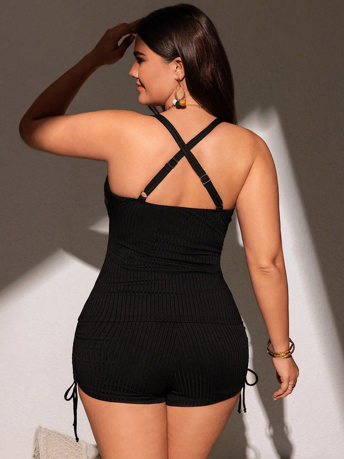 Swim Basics 2025 Plus Size Women 2pcs Red Knit Adjustable Spaghetti Strap Minimalist Daily Vacation Tankini Swimwear