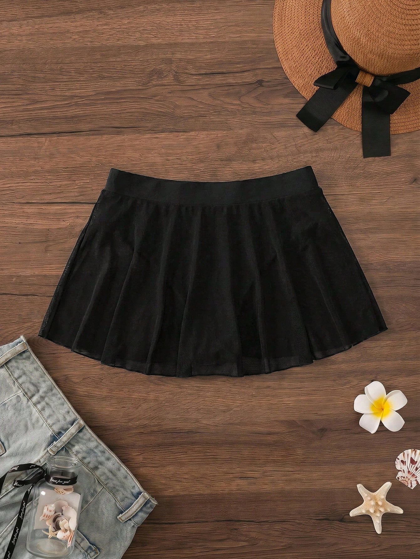 Swim Basics 2025 Summer New Plus Size Women Black Mesh Patchwork Ruffled Triangle Bikini Bottom Beach