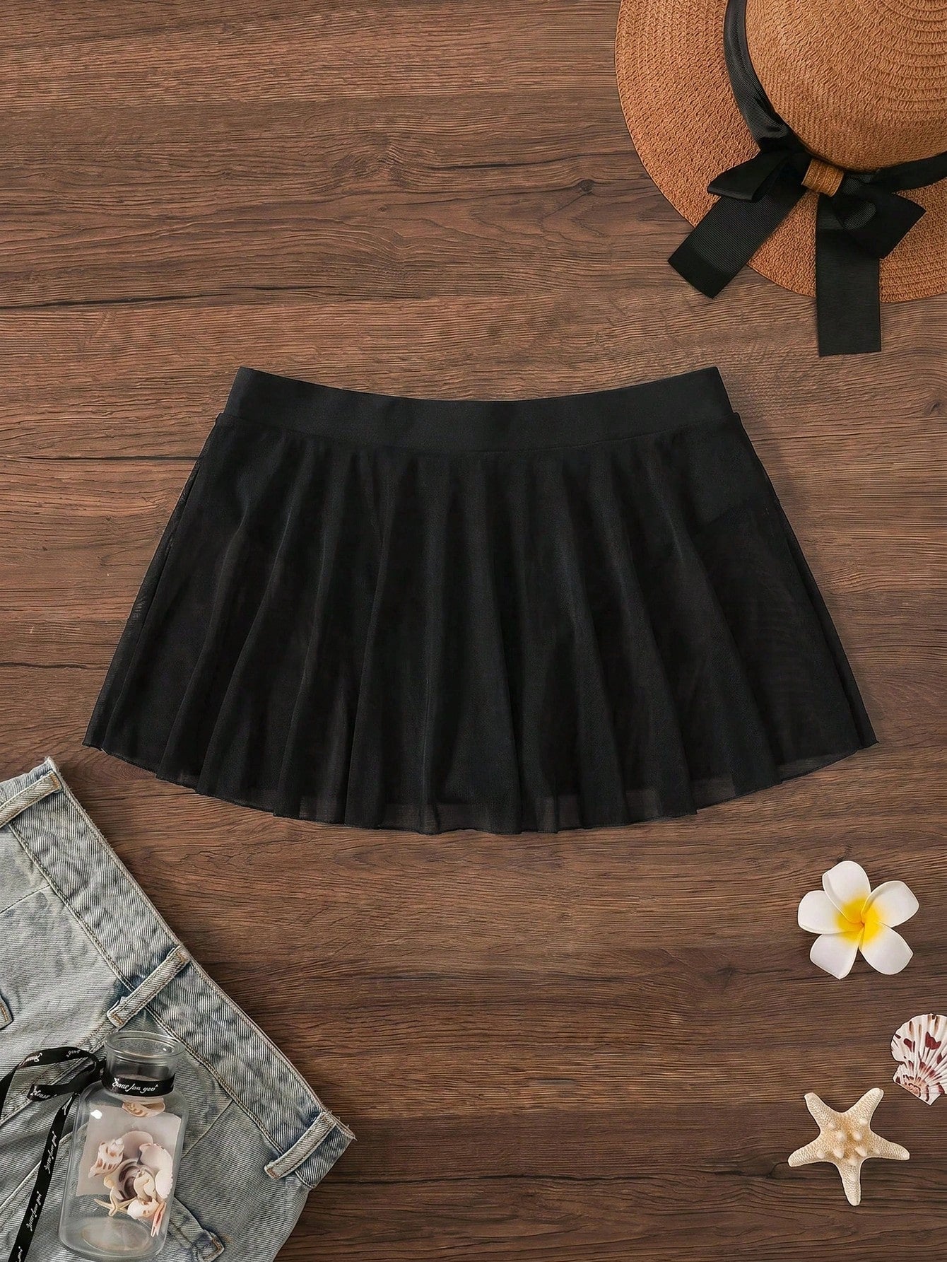 Swim Basics 2025 Summer New Plus Size Women Black Mesh Patchwork Ruffled Triangle Bikini Bottom Beach