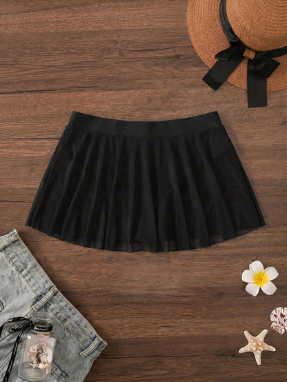 Swim Basics 2025 Summer New Plus Size Women Black Mesh Patchwork Ruffled Triangle Bikini Bottom Beach