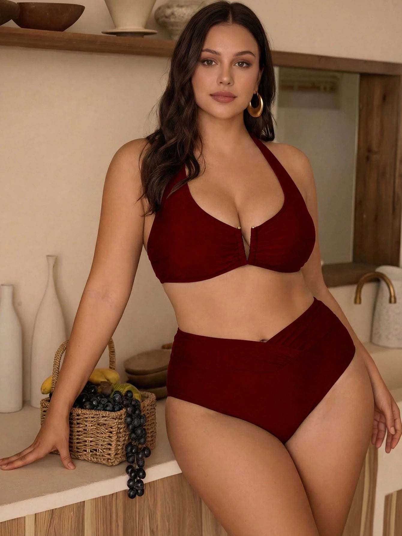 Swim Chiccia 2026 New Spring/Summer Sexy Deep V-Neck Solid Color Bikini Set, Beach Wear