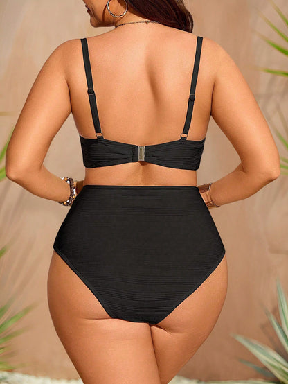 Swim Chiccia 2pcs/Set Plus Size Women Solid Color Crisscross Front Adjustable Strap Swimwear Vacation Outfit, For Summer Beach
