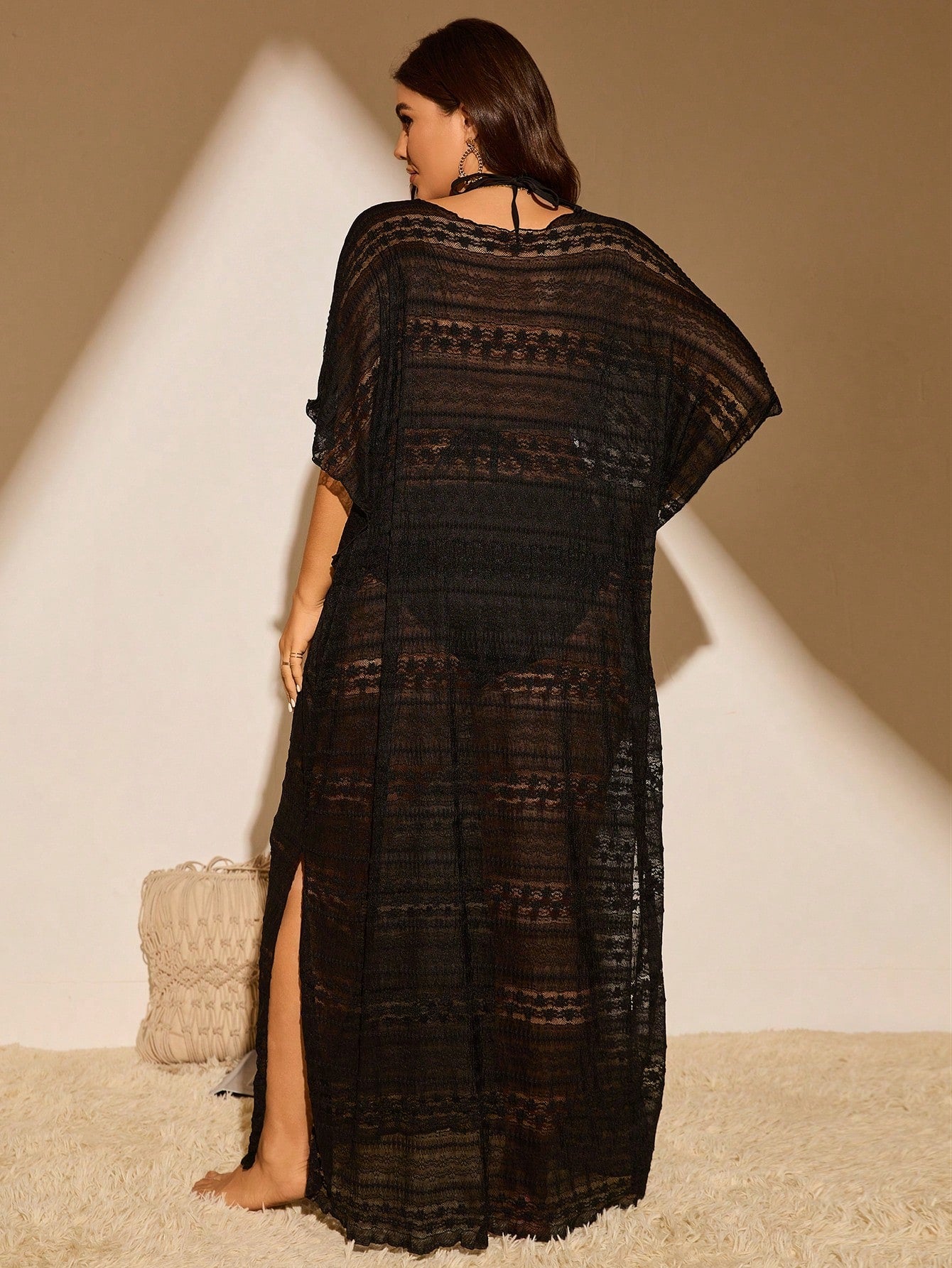 Swim Chiccia Plus Size Women Fashionable Solid Color Hollow-Out Long Cover Up,Summer Beach