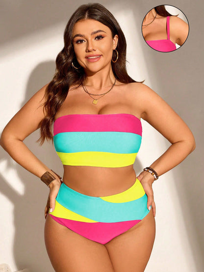 Swim Chiccia Plus Size Women's Summer Beach Vacation Colorblock Detachable Strap Bikini Set