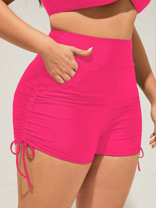 Swim Curve Plus Size Bikini Bottom With Ruching, Pockets, Drawstring On Both Sides,Summer Beach