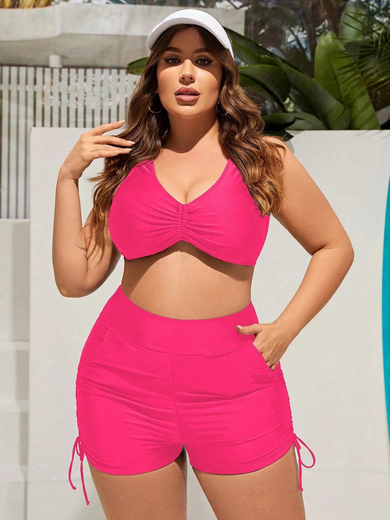 Swim Curve Plus Size Bikini Bottom With Ruching, Pockets, Drawstring On Both Sides,Summer Beach