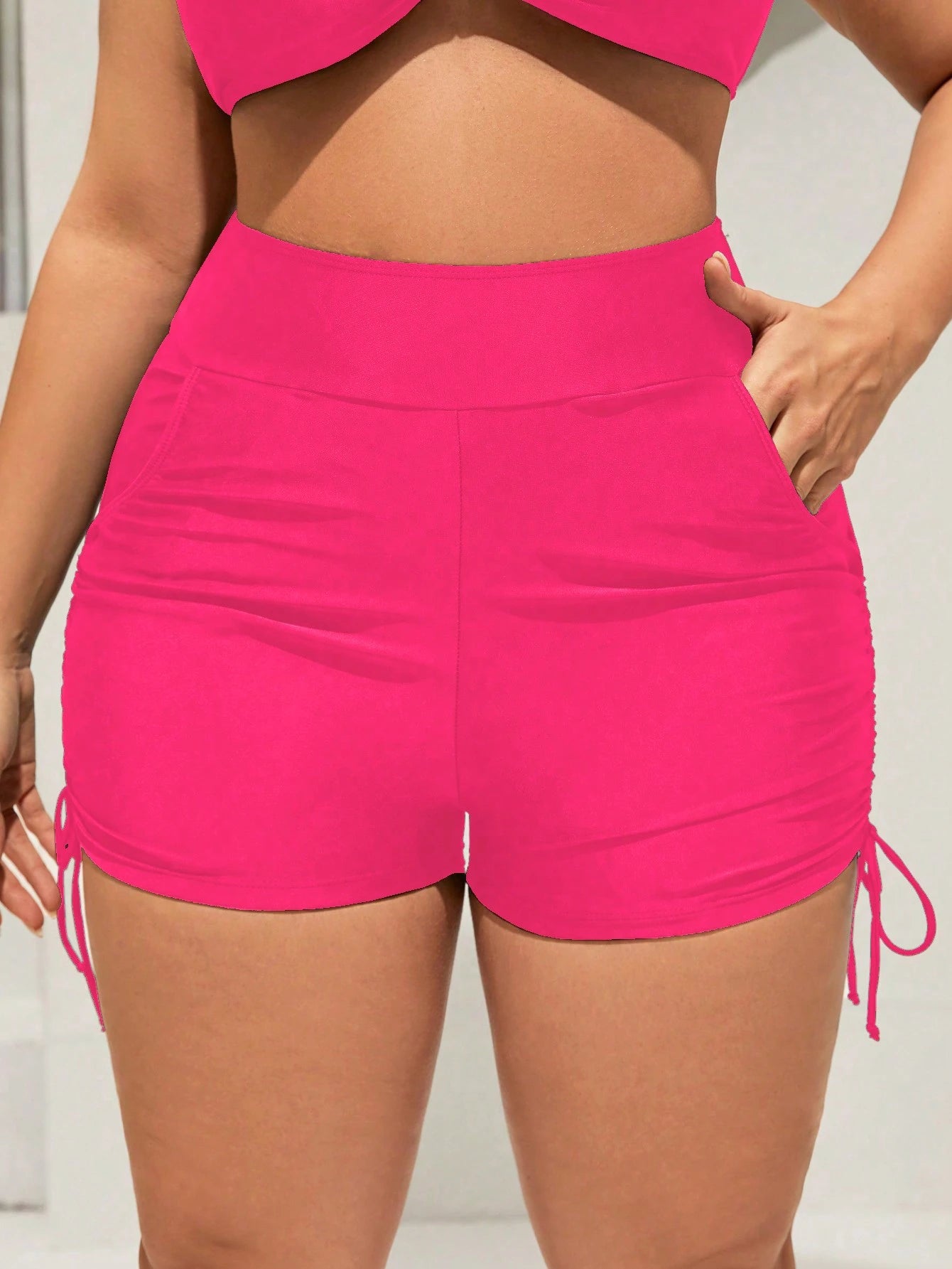 Swim Curve Plus Size Bikini Bottom With Ruching, Pockets, Drawstring On Both Sides,Summer Beach