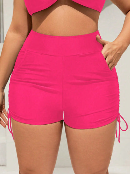 Swim Curve Plus Size Bikini Bottom With Ruching, Pockets, Drawstring On Both Sides,Summer Beach