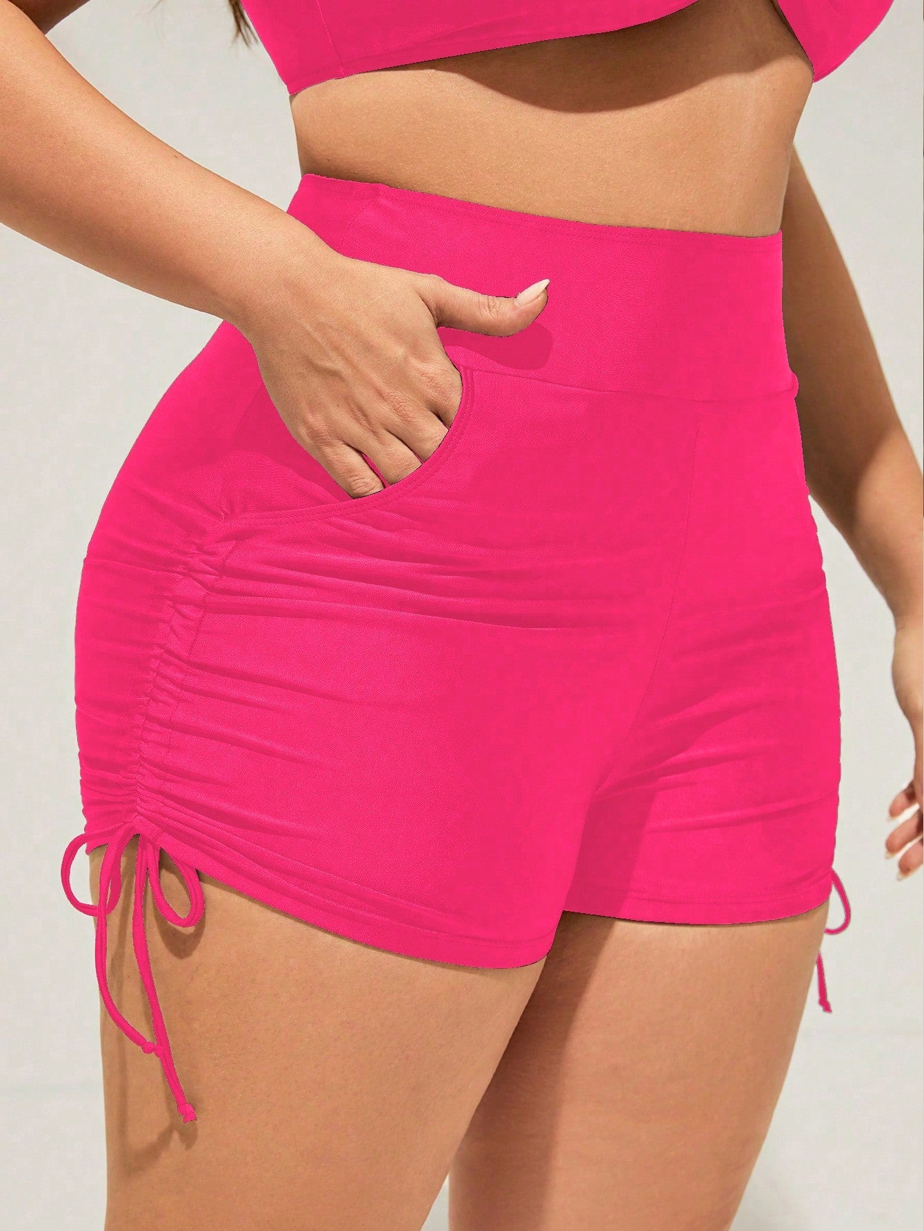 Swim Curve Plus Size Bikini Bottom With Ruching, Pockets, Drawstring On Both Sides,Summer Beach