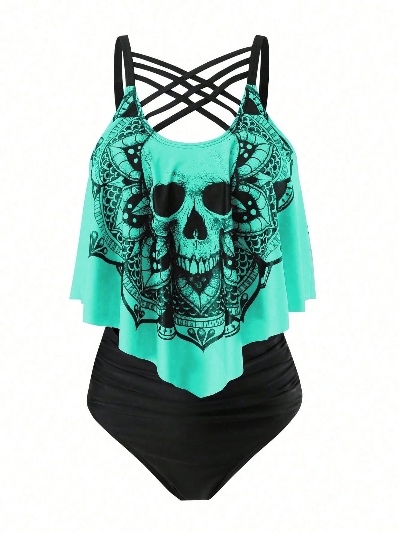 Swim Curve Plus Size Skull Print Asymmetric Hem Tankini Top And Solid Color Tankini Bottom Set