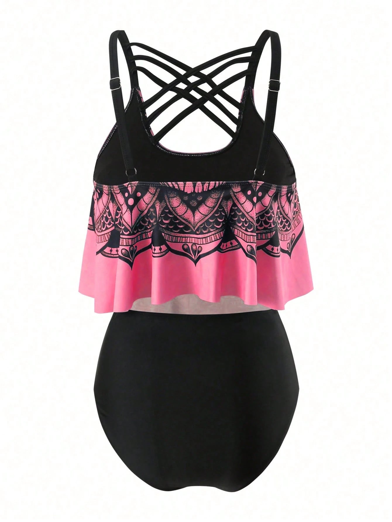 Swim Curve Plus Size Skull Print Asymmetric Hem Tankini Top And Solid Color Tankini Bottom Set