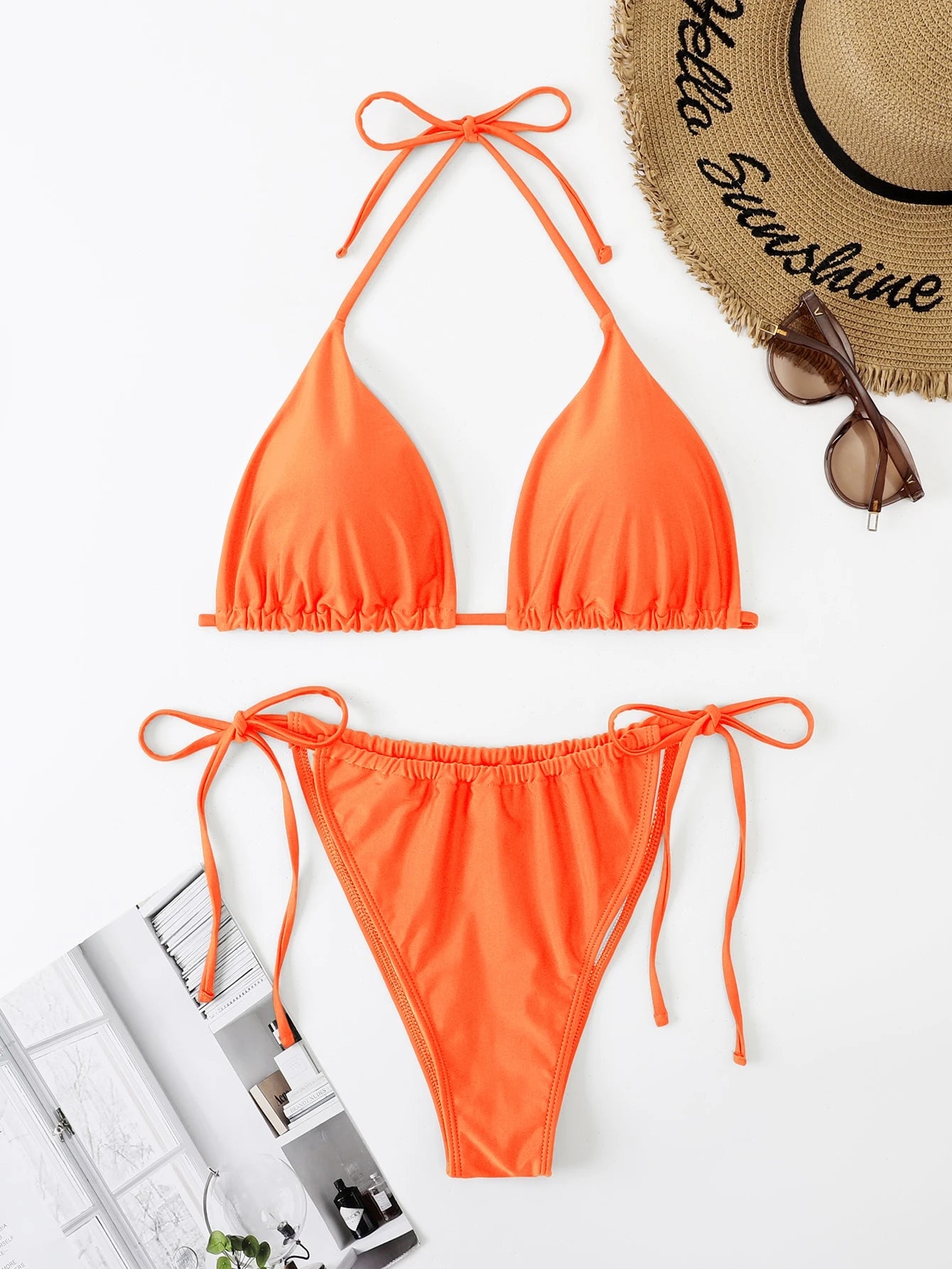 Swim Curve Plus Size Summer Beach Solid Bikini Set, Halter Triangle Top & Tie Side Bikini Bottom 2 Pieces Bikini, Bathing Suit