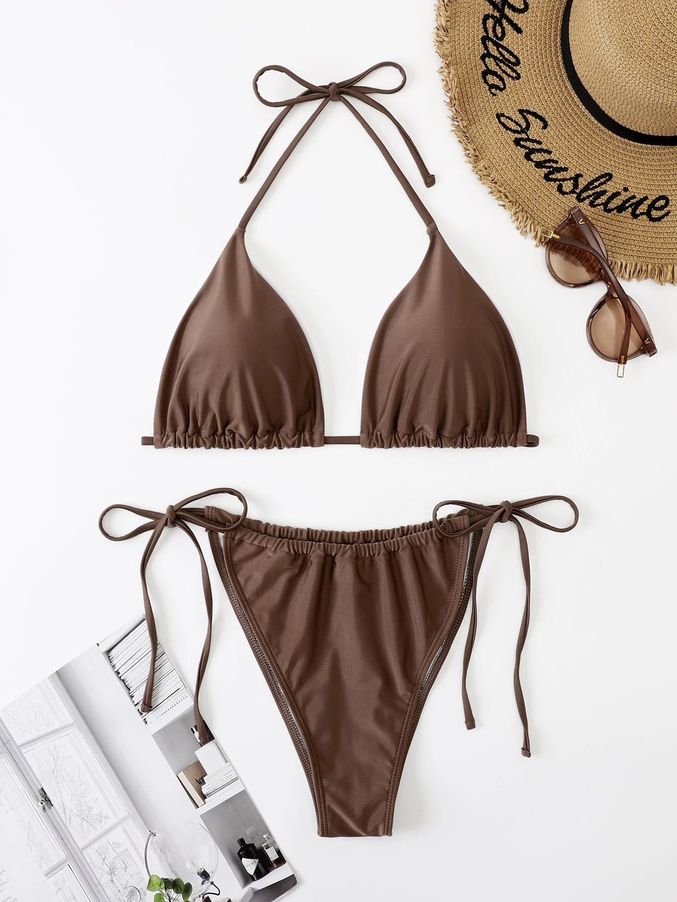 Swim Curve Plus Size Summer Beach Solid Bikini Set, Halter Triangle Top & Tie Side Bikini Bottom 2 Pieces Bikini, Bathing Suit
