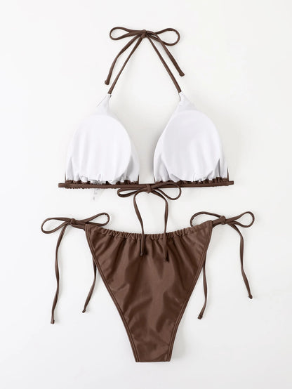 Swim Curve Plus Size Summer Beach Solid Bikini Set, Halter Triangle Top & Tie Side Bikini Bottom 2 Pieces Bikini, Bathing Suit