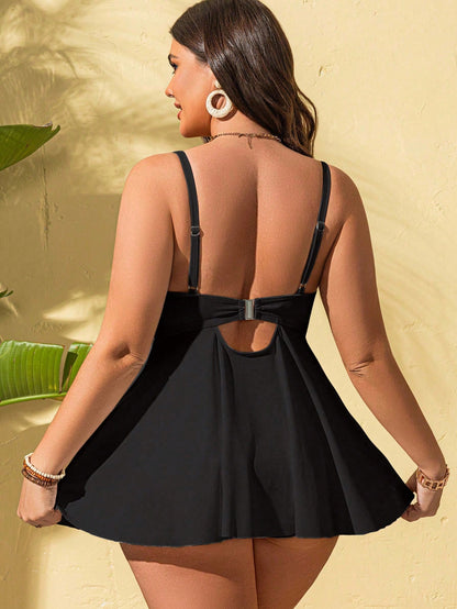 Swim Curve Plus Size Women 2pcs Solid Color Spaghetti Strap Underwire Tummy Control Casual Vacation Bikini Swimwear Set
