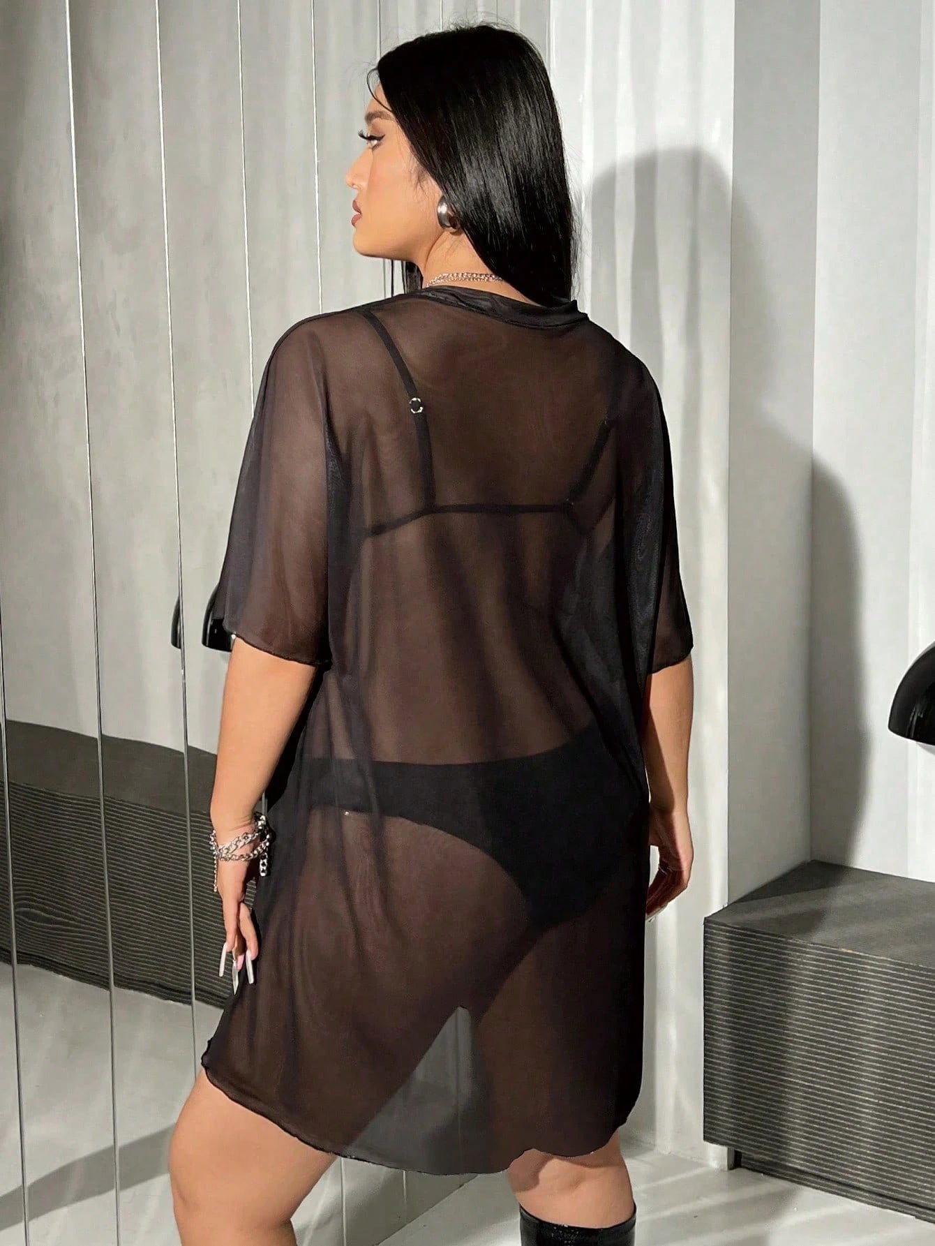 Swim EVENT Summer Beach Plus Size Skull & Hand Printed Sheer Mesh Cover Up, Halloween