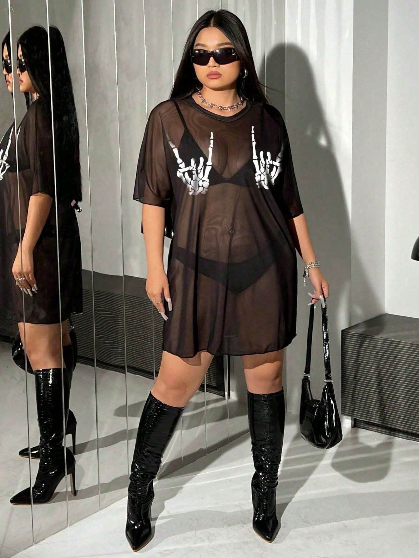 Swim EVENT Summer Beach Plus Size Skull & Hand Printed Sheer Mesh Cover Up, Halloween