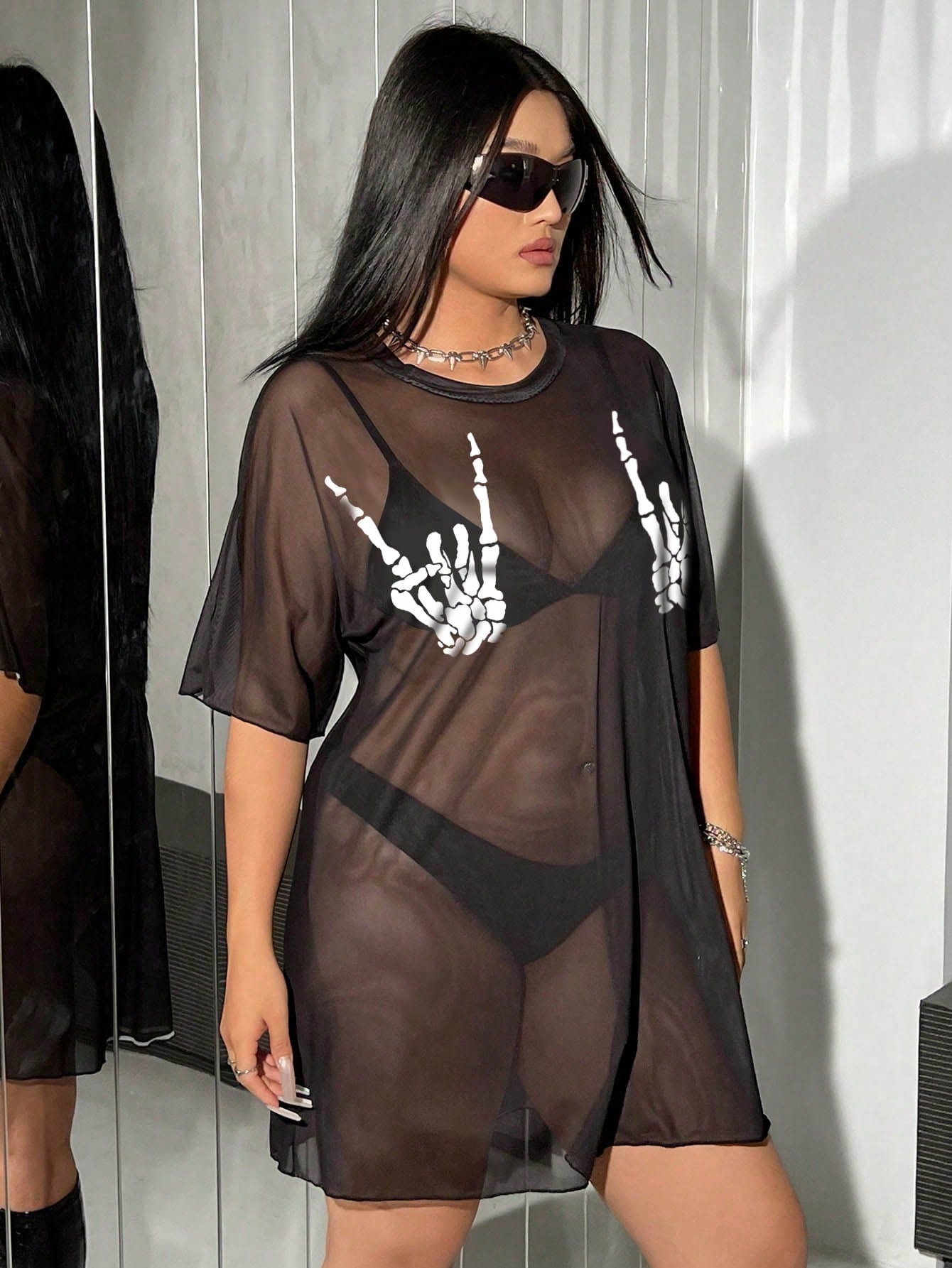 Swim EVENT Summer Beach Plus Size Skull & Hand Printed Sheer Mesh Cover Up, Halloween