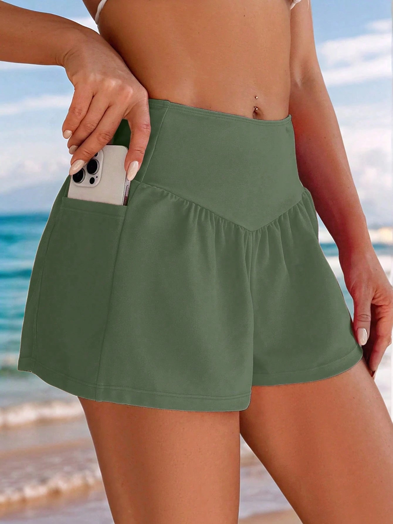 Swim Ladies' Plain Pleated Pocket Minimalist Beach Pants, Casual Daily Wear Summer