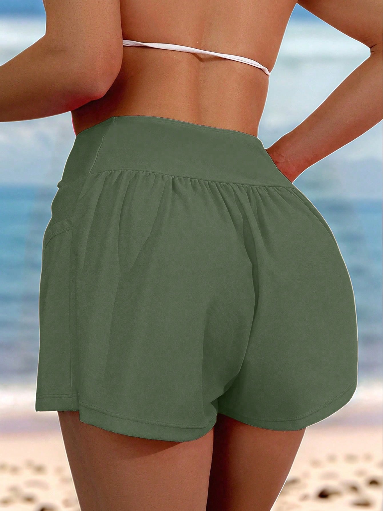 Swim Ladies' Plain Pleated Pocket Minimalist Beach Pants, Casual Daily Wear Summer