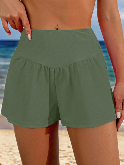 Swim Ladies' Plain Pleated Pocket Minimalist Beach Pants, Casual Daily Wear Summer