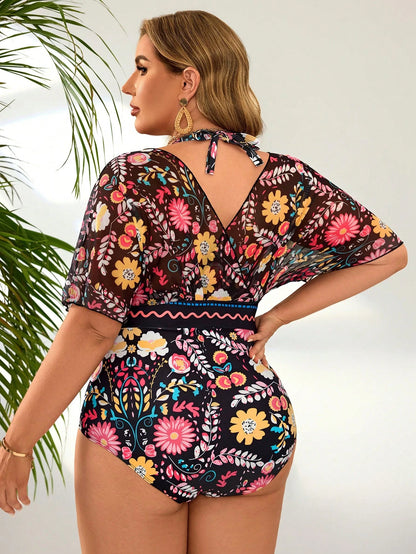 Swim Lushoire 1pc Plus Size Printed Casual One-Piece Swimsuit, Simple & Stylish For Summer Beach Vacation & Everyday Wear