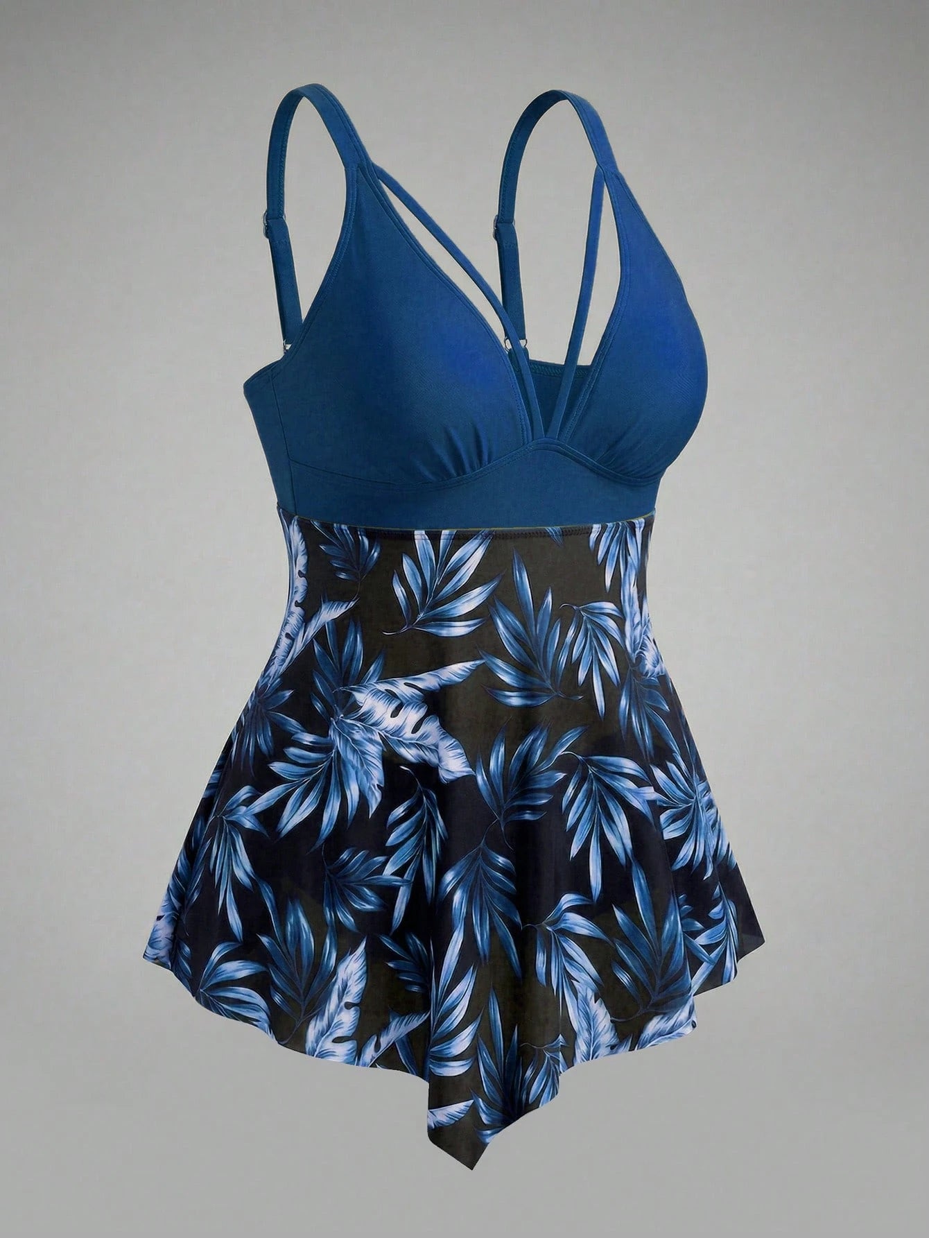 Swim Lushoire 2026 New Plus Size Women 2pcs Set Tropical Leaf Random Print Deep V Mesh Splice Crop Top & High Waist Triangle Bottoms, Casual Vacation Bikini