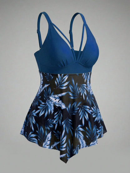 Swim Lushoire 2026 New Plus Size Women 2pcs Set Tropical Leaf Random Print Deep V Mesh Splice Crop Top & High Waist Triangle Bottoms, Casual Vacation Bikini