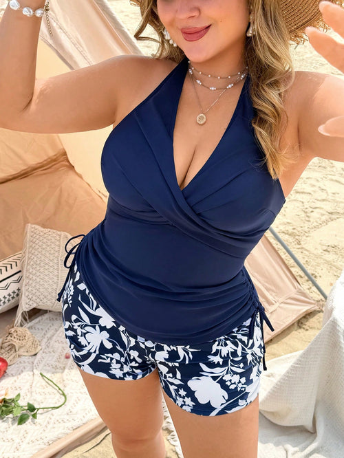 Swim Lushoire 2026 New Summer Vacation Floral Plus Size Tank Bikini Vacation Navy Blue
