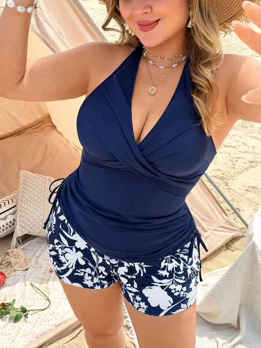 Swim Lushoire 2026 New Summer Vacation Floral Plus Size Tank Bikini Vacation Navy Blue