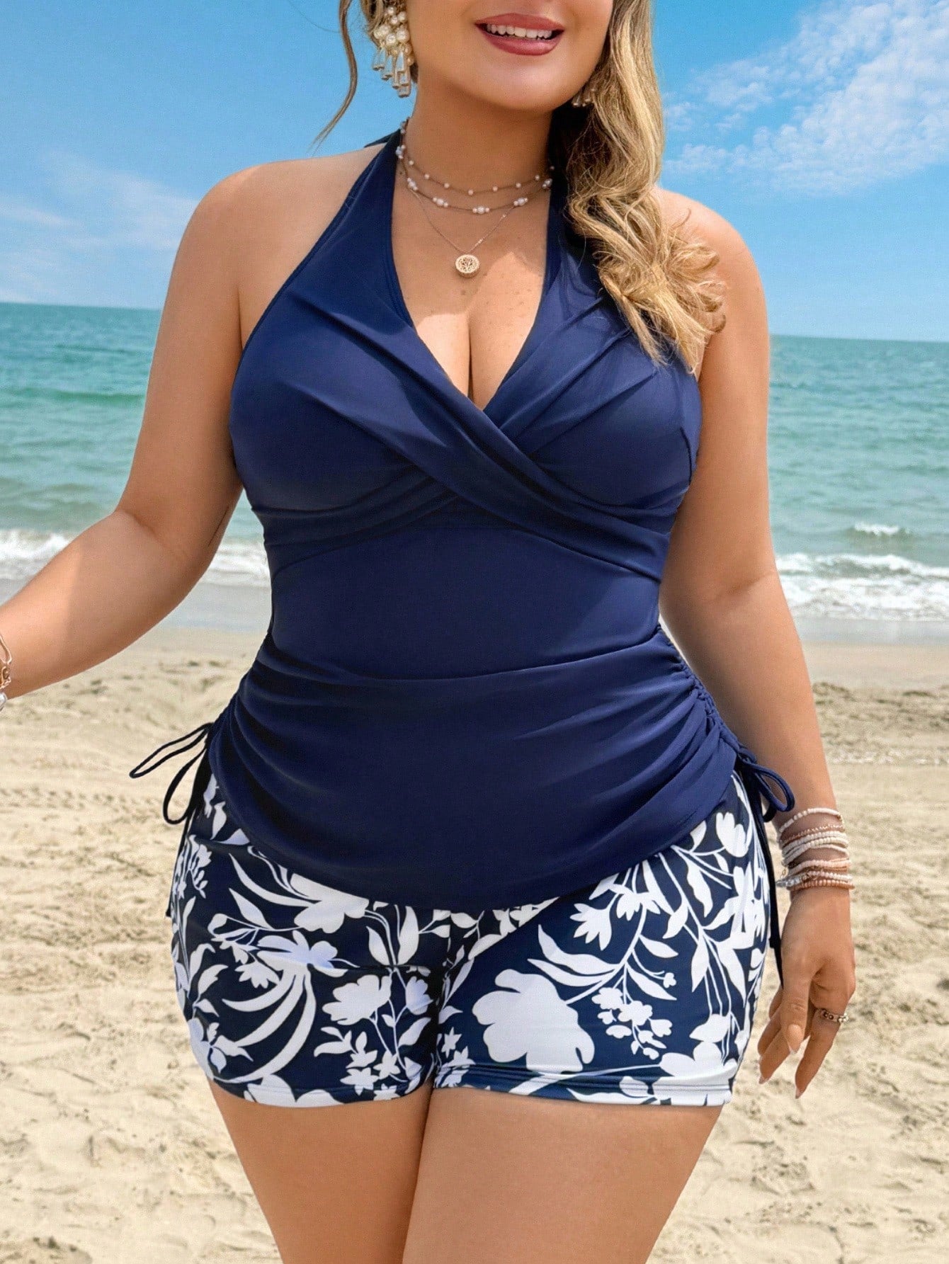 Swim Lushoire 2026 New Summer Vacation Floral Plus Size Tank Bikini Vacation Navy Blue