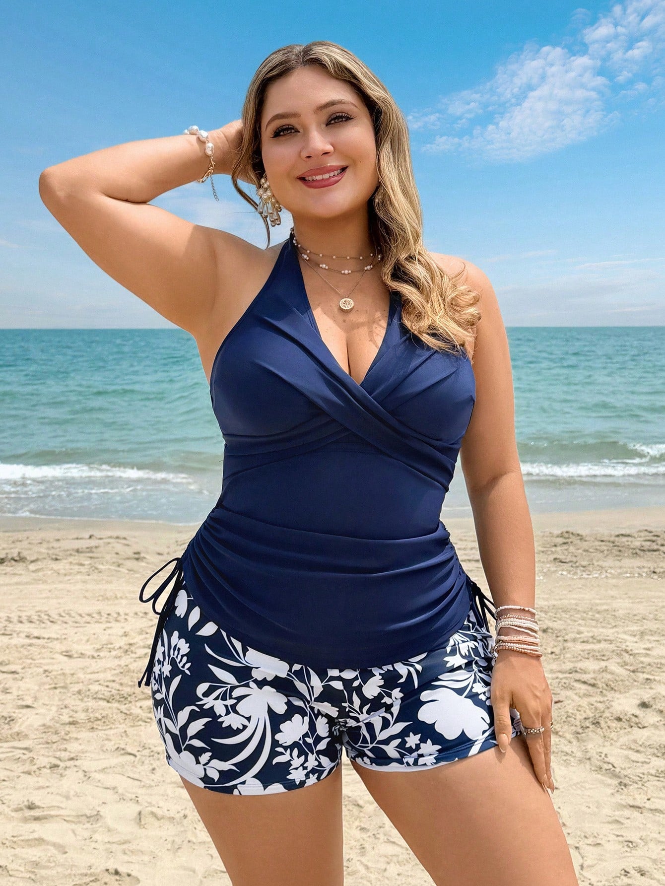 Swim Lushoire 2026 New Summer Vacation Floral Plus Size Tank Bikini Vacation Navy Blue
