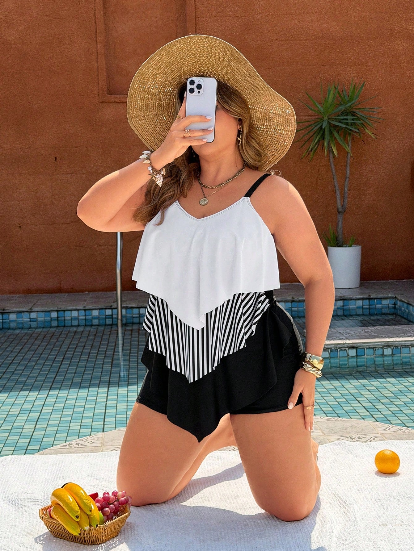 Swim Lushoire 2026 Plus Size Women's Tankini Swimwear 2-Piece Set,Striped Color Block Adjustable Wide Strap Shorts,White Sequence,Summer,Comfy,Beach,Holiday Party