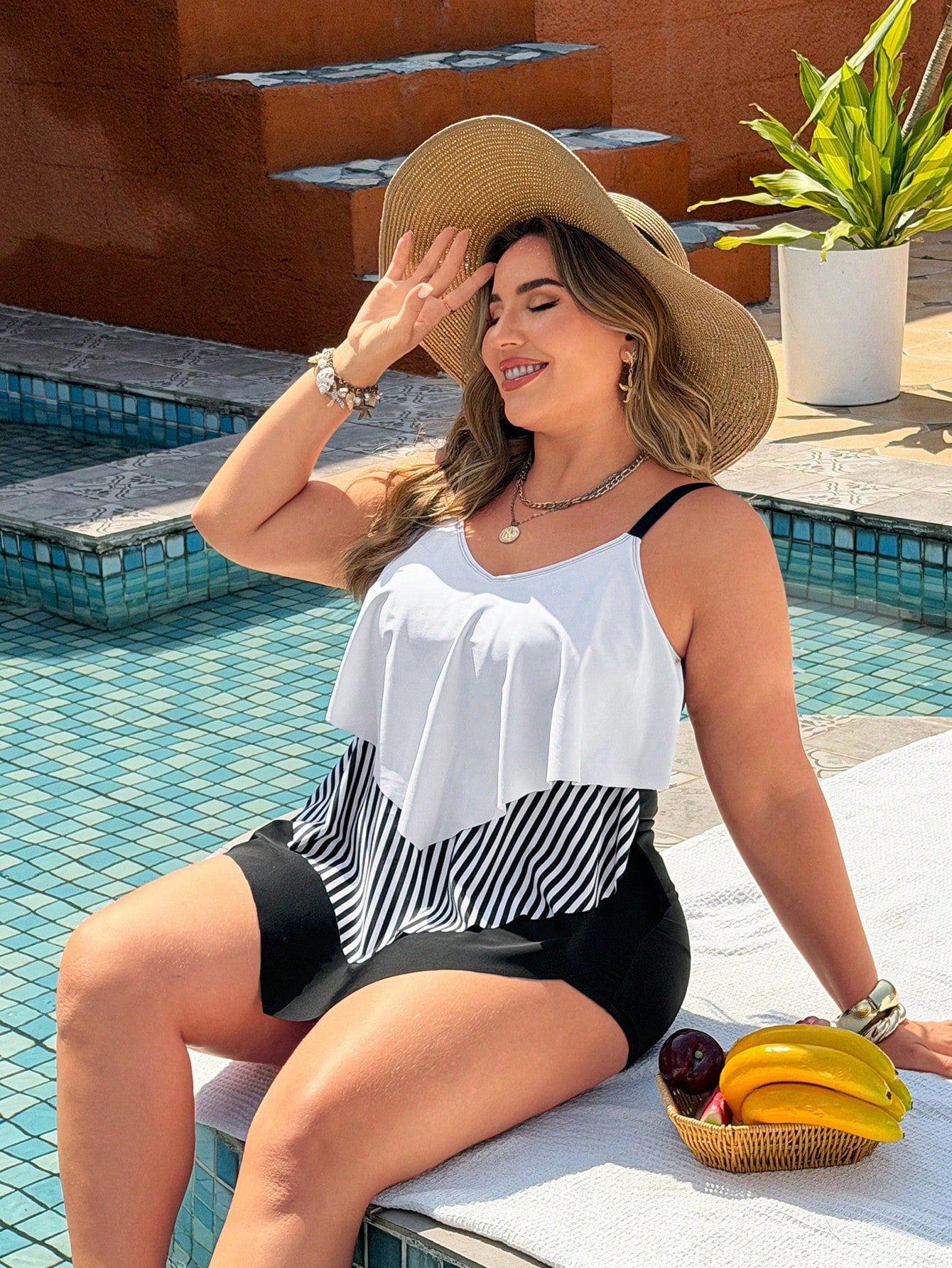 Swim Lushoire 2026 Plus Size Women's Tankini Swimwear 2-Piece Set,Striped Color Block Adjustable Wide Strap Shorts,White Sequence,Summer,Comfy,Beach,Holiday Party