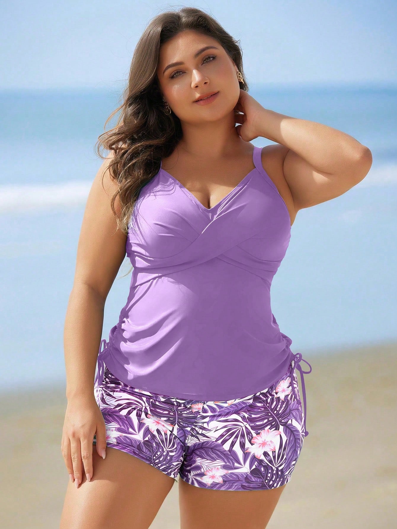 Swim Lushoire 2pcs Plus Size Women Random Printed Spaghetti Strap Cover Belly Swimwear For Summer Beach Vacation