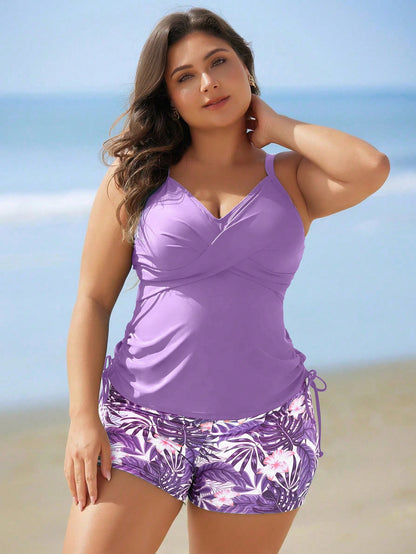 Swim Lushoire 2pcs Plus Size Women Random Printed Spaghetti Strap Cover Belly Swimwear For Summer Beach Vacation