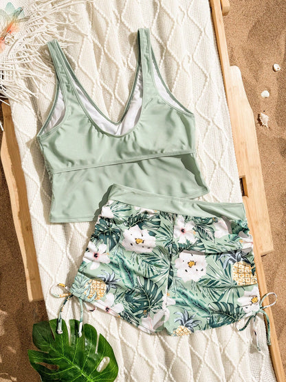 Swim Lushoire 2pcs/Set Women's New Floral Print Bikini Top And Bottom Swimsuit Set For Summer Beach Vacation