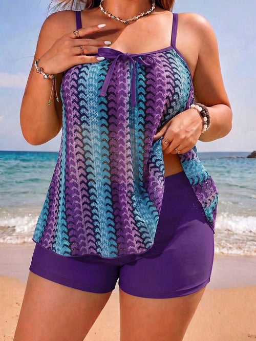 Swim Lushoire New Women's Plus Size Multi-Color Print Spaghetti Strap Top & Flat Leg Opening Slimming Hip-Lifting Bottom 2-Piece Vacation Casual Swimwear