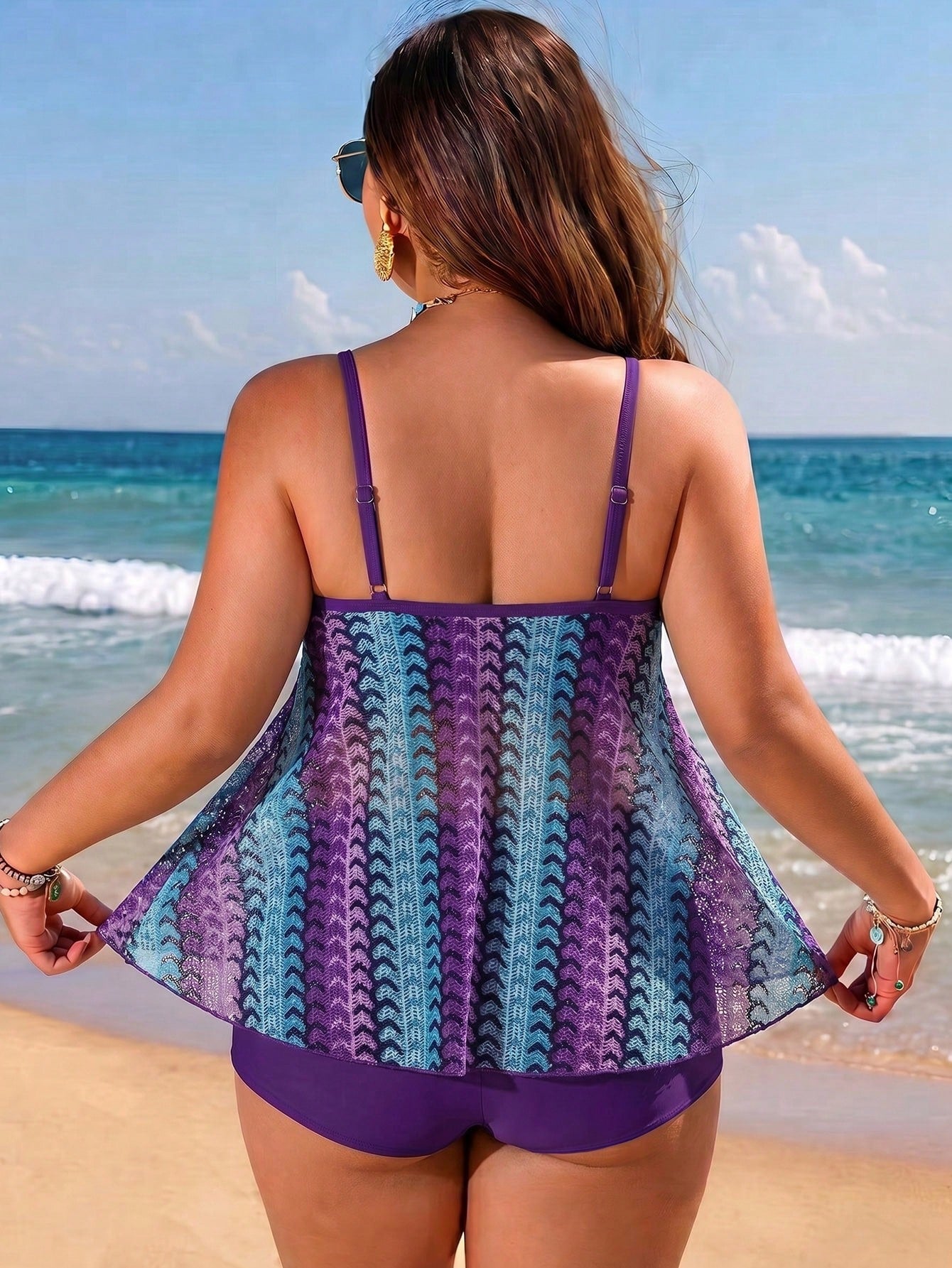 Swim Lushoire New Women's Plus Size Multi-Color Print Spaghetti Strap Top & Flat Leg Opening Slimming Hip-Lifting Bottom 2-Piece Vacation Casual Swimwear