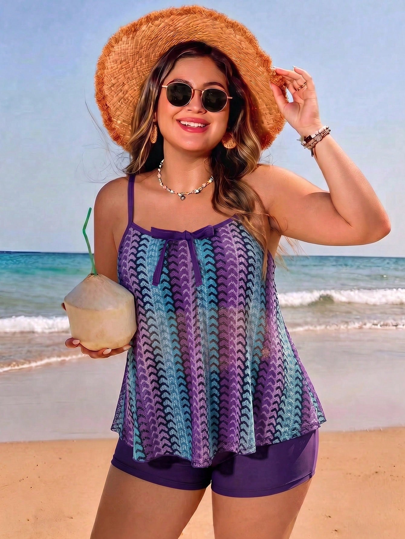Swim Lushoire New Women's Plus Size Multi-Color Print Spaghetti Strap Top & Flat Leg Opening Slimming Hip-Lifting Bottom 2-Piece Vacation Casual Swimwear