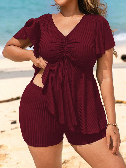 Swim Lushoire Plus Size 2pcs Solid Color Wide Ribbed Fabric Halter Drawstring Front Cropped Top & Shorts Bikini Set Set