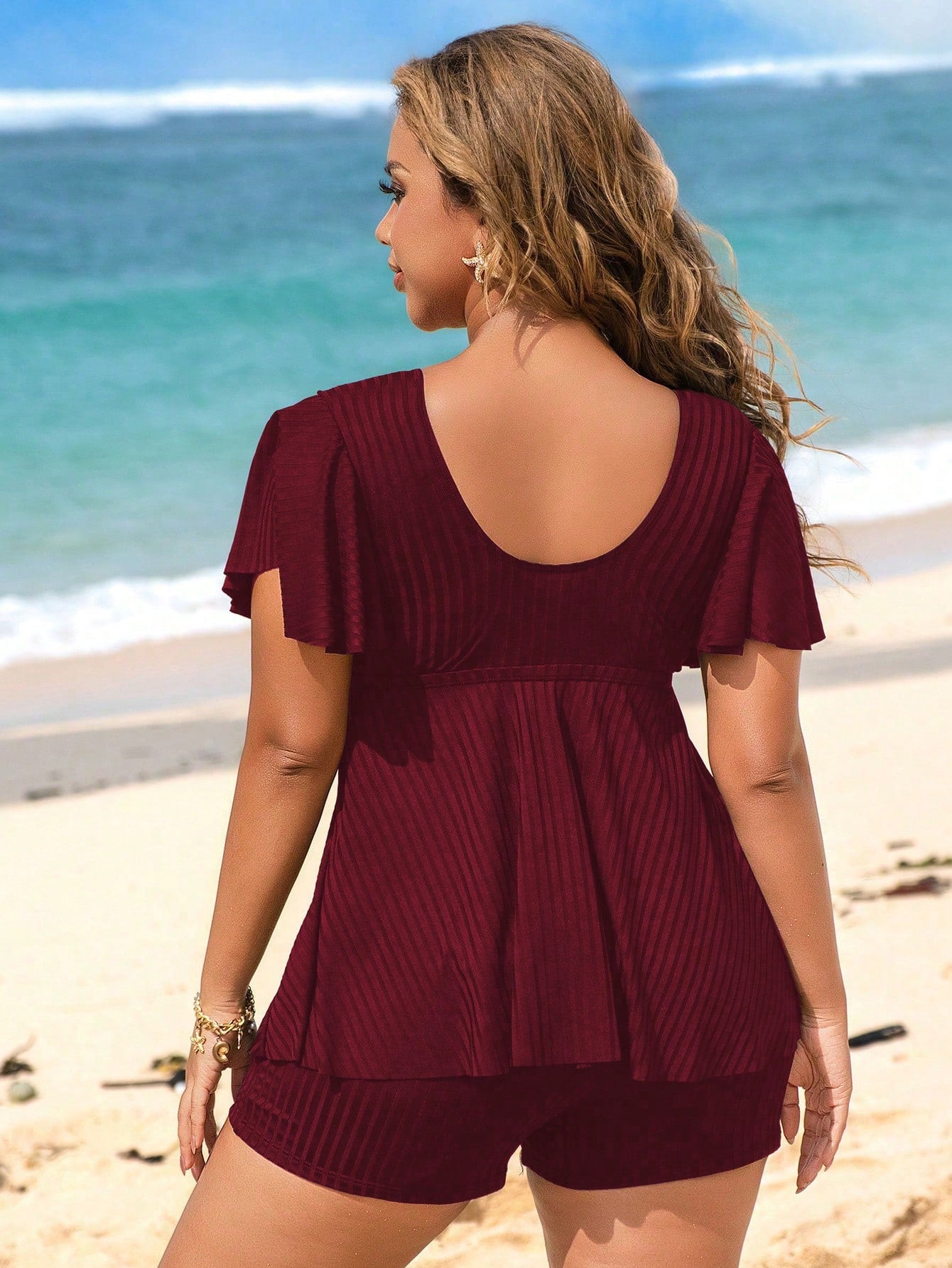 Swim Lushoire Plus Size 2pcs Solid Color Wide Ribbed Fabric Halter Drawstring Front Cropped Top & Shorts Bikini Set Set
