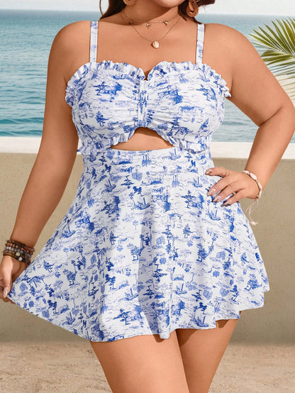Swim Lushoire Plus Size 2pcs Women Ditsy Floral Printed Swim Dress With Ruffle Trim & Swim Bottom,Hollow-Out Set,White,Summer,Beach,Holiday,Holiday Wear