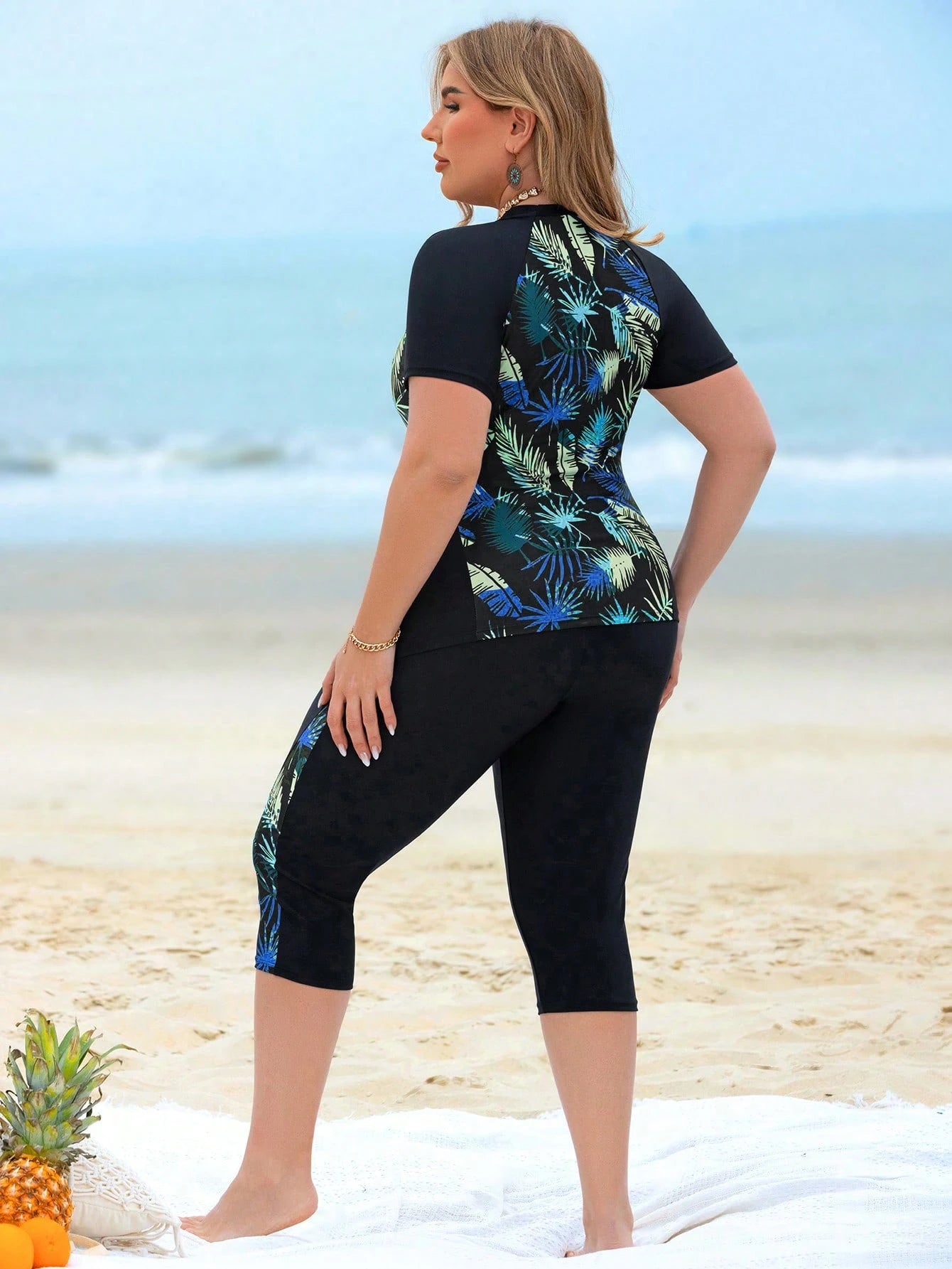 Swim Lushoire Plus Size 2pcs Women Leaf Print Patchwork Top And Long Swim Shorts, Black Splicing Round Neck Sleeveless Bikini Set, Beach Vacation For Summer