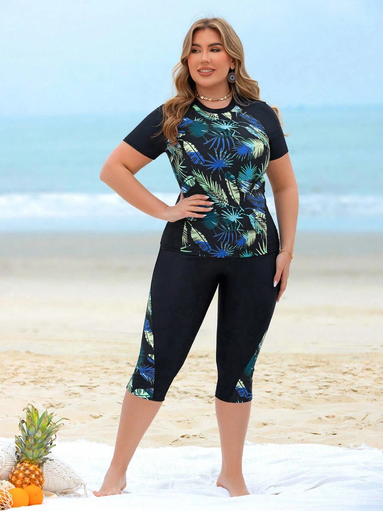Swim Lushoire Plus Size 2pcs Women Leaf Print Patchwork Top And Long Swim Shorts, Black Splicing Round Neck Sleeveless Bikini Set, Beach Vacation For Summer