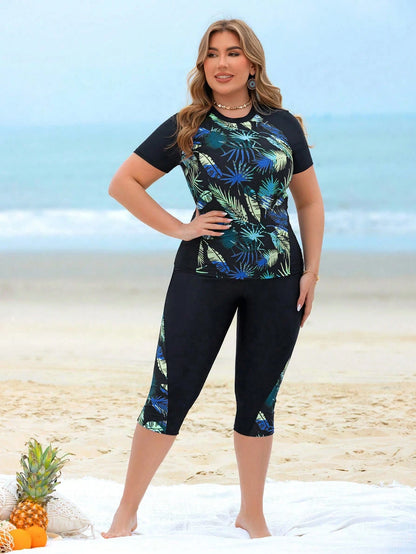 Swim Lushoire Plus Size 2pcs Women Leaf Print Patchwork Top And Long Swim Shorts, Black Splicing Round Neck Sleeveless Bikini Set, Beach Vacation For Summer