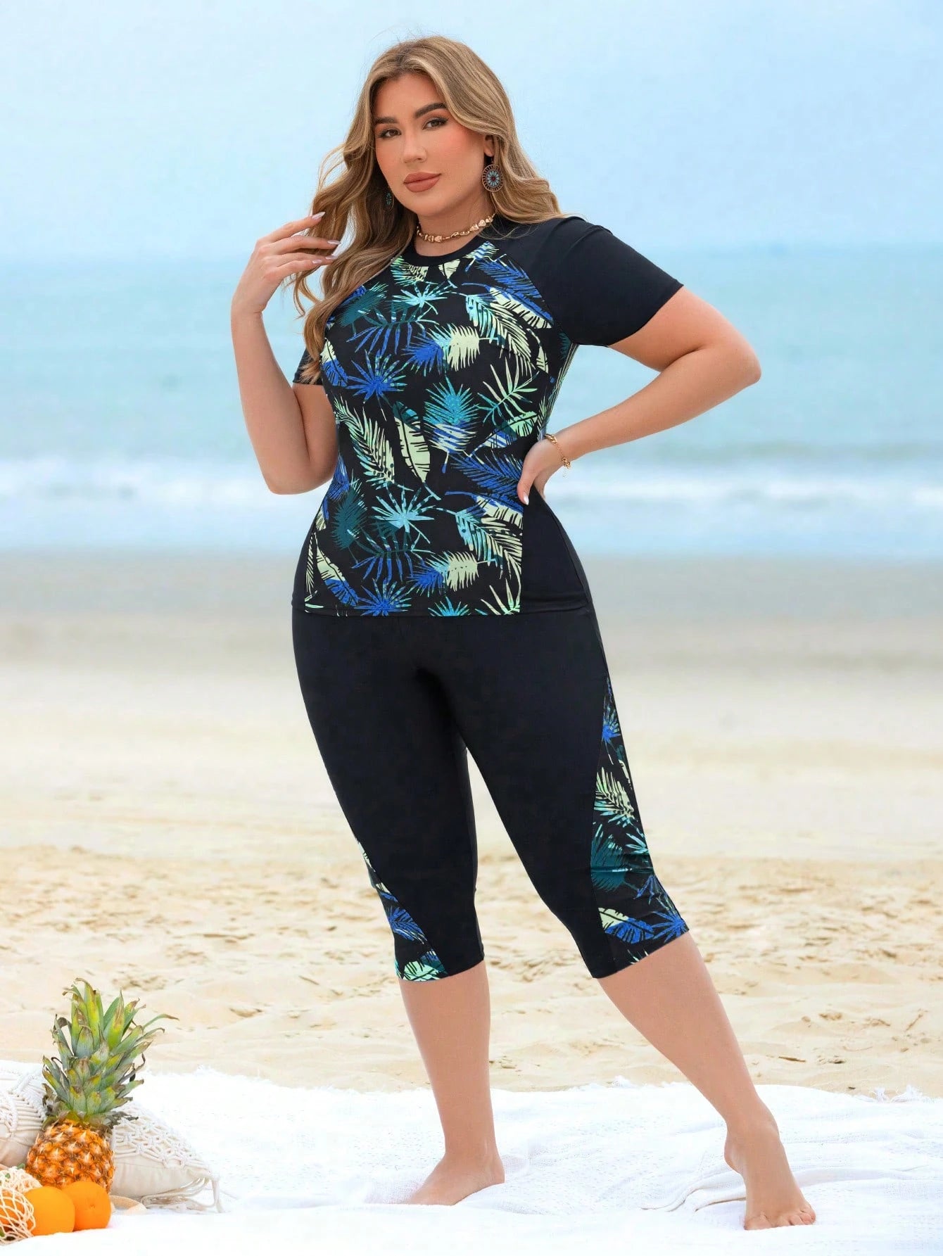 Swim Lushoire Plus Size 2pcs Women Leaf Print Patchwork Top And Long Swim Shorts, Black Splicing Round Neck Sleeveless Bikini Set, Beach Vacation For Summer
