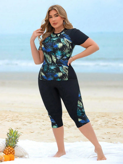 Swim Lushoire Plus Size 2pcs Women Leaf Print Patchwork Top And Long Swim Shorts, Black Splicing Round Neck Sleeveless Bikini Set, Beach Vacation For Summer